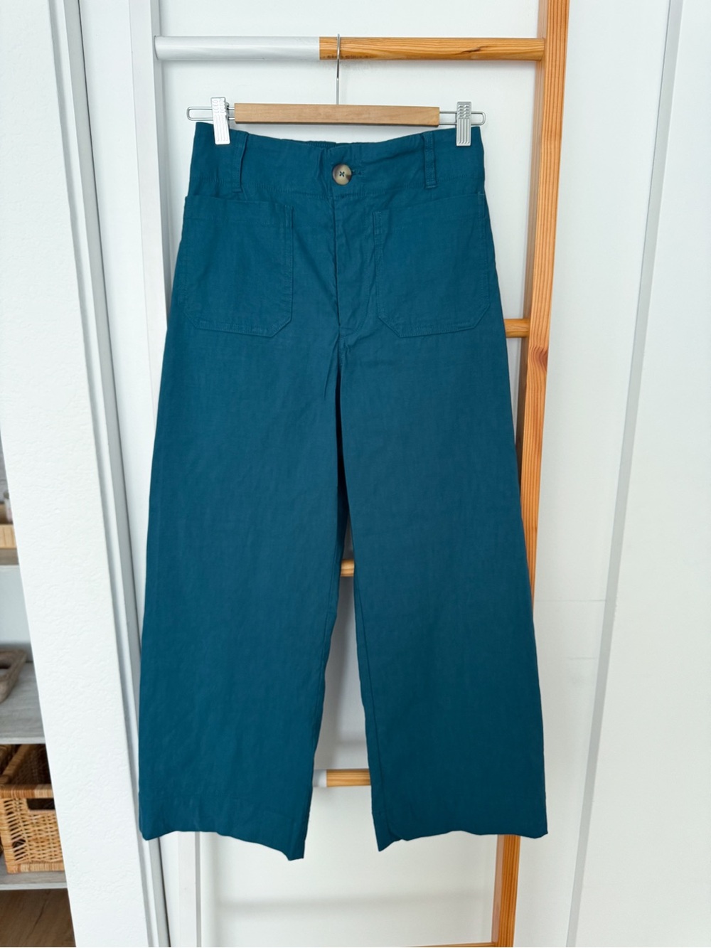 Anthropologie Maeve Colette Wide Leg Pants Trousers Dark Turquoise Cotton Linen - Picture 3 of 14